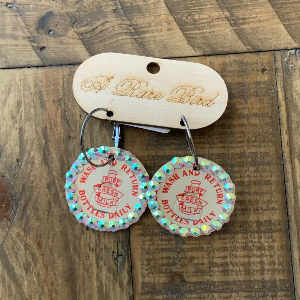 A Rare Bird Swarovski Milk Topper Hoop Earrings NWT